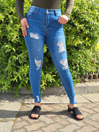 High-Waist Ripped Skinny Blue Jeans - DYQ-302