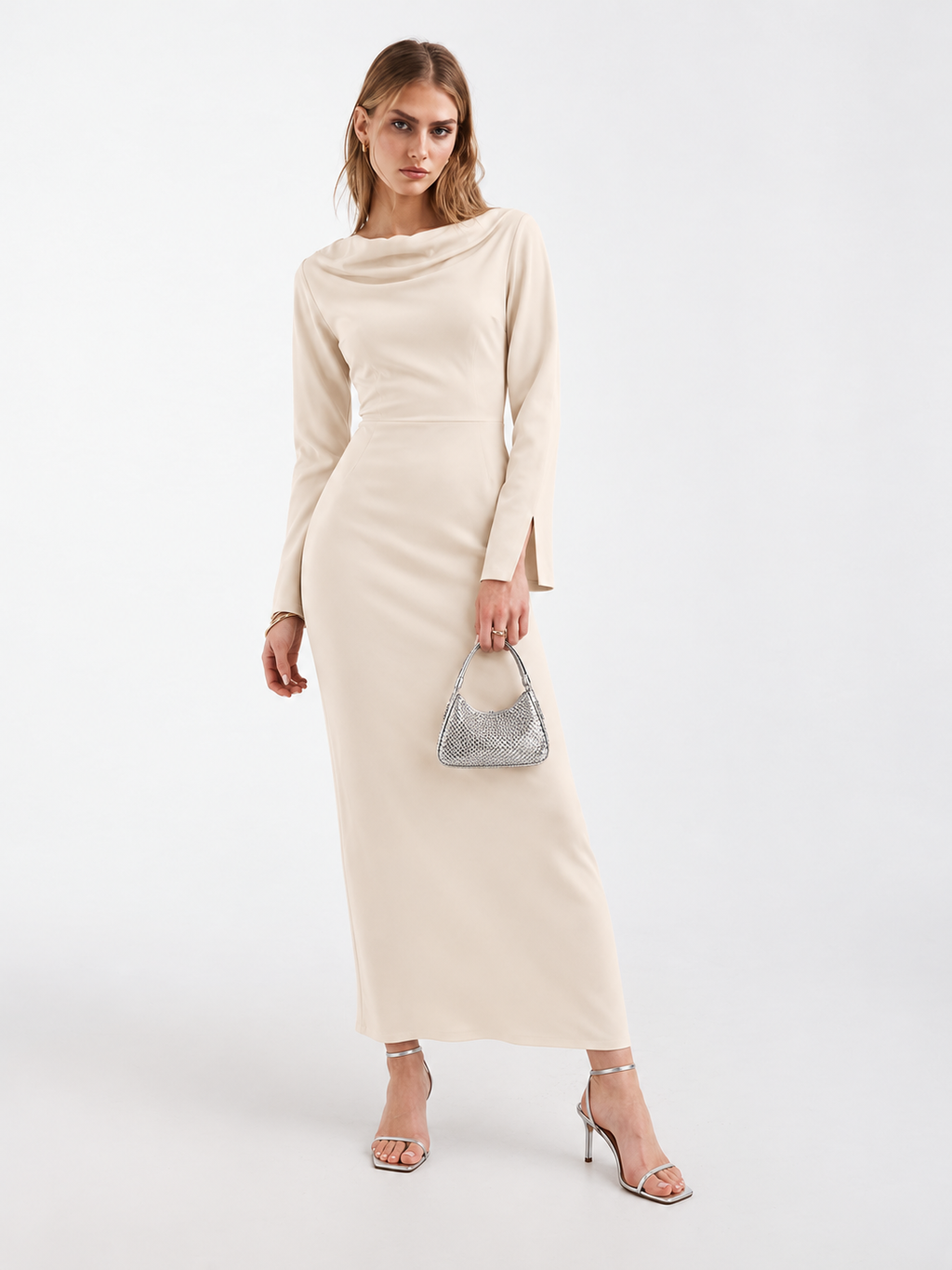 Draped Cowl-Neck Column Maxi Dress