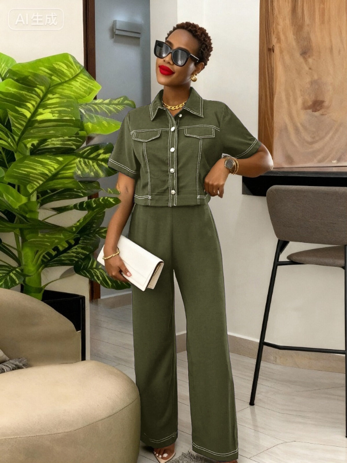 Short Sleeve Button Front Two-Piece Set for Women