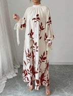 Flowy Long Sleeve Maxi Dress with Leaf Print