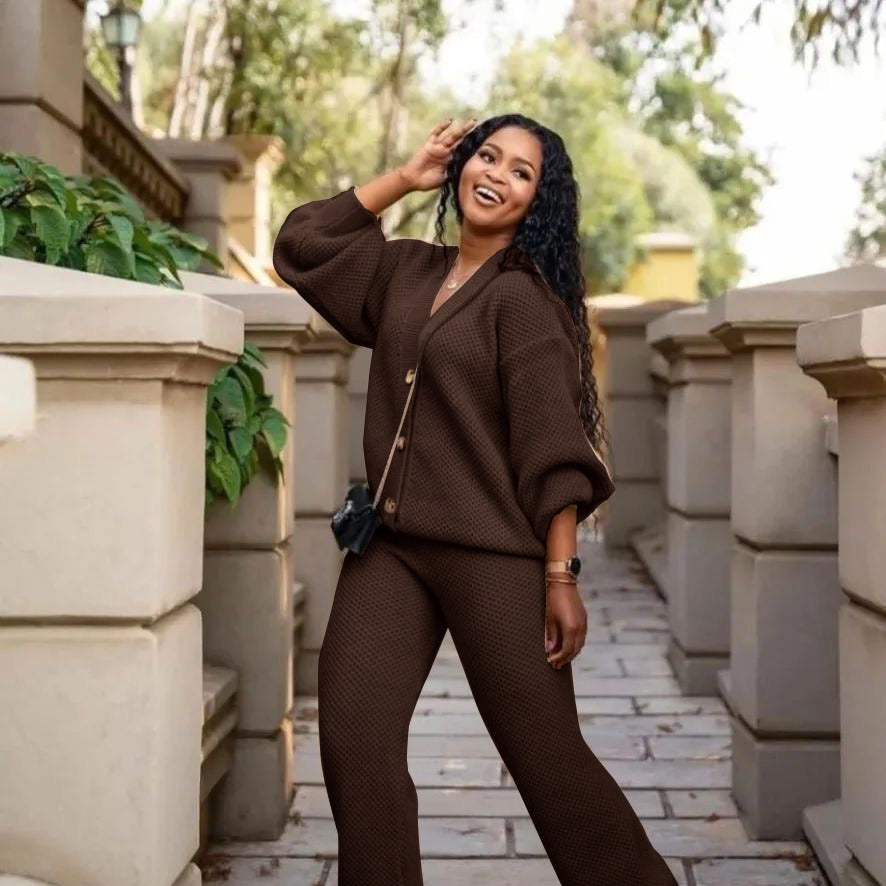 Knitted Loose Cardigan Elastic Waist Pant Two Piece Set