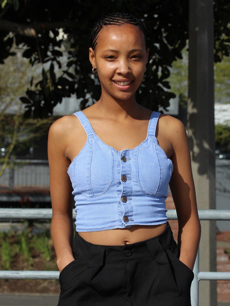 Button-Up Denim Crop Top – Light Blue