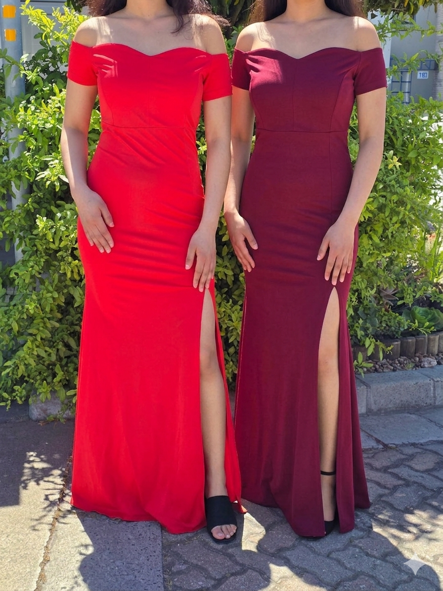 2PC Red and Maroon Off Shoulder  Maxi Mermaid Dress Set