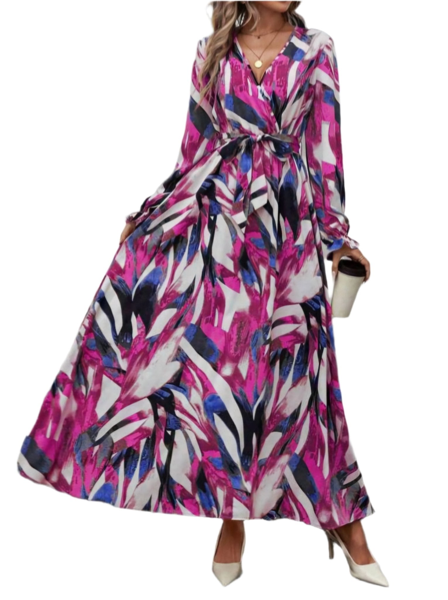 Chic Abstract Print Maxi Dress with Waist Tie – Vibrant & Elegant Flowy Style