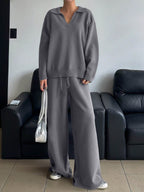 Relaxed Knit Collar Top & Wide Leg Pants 2-Piece Lounge Set