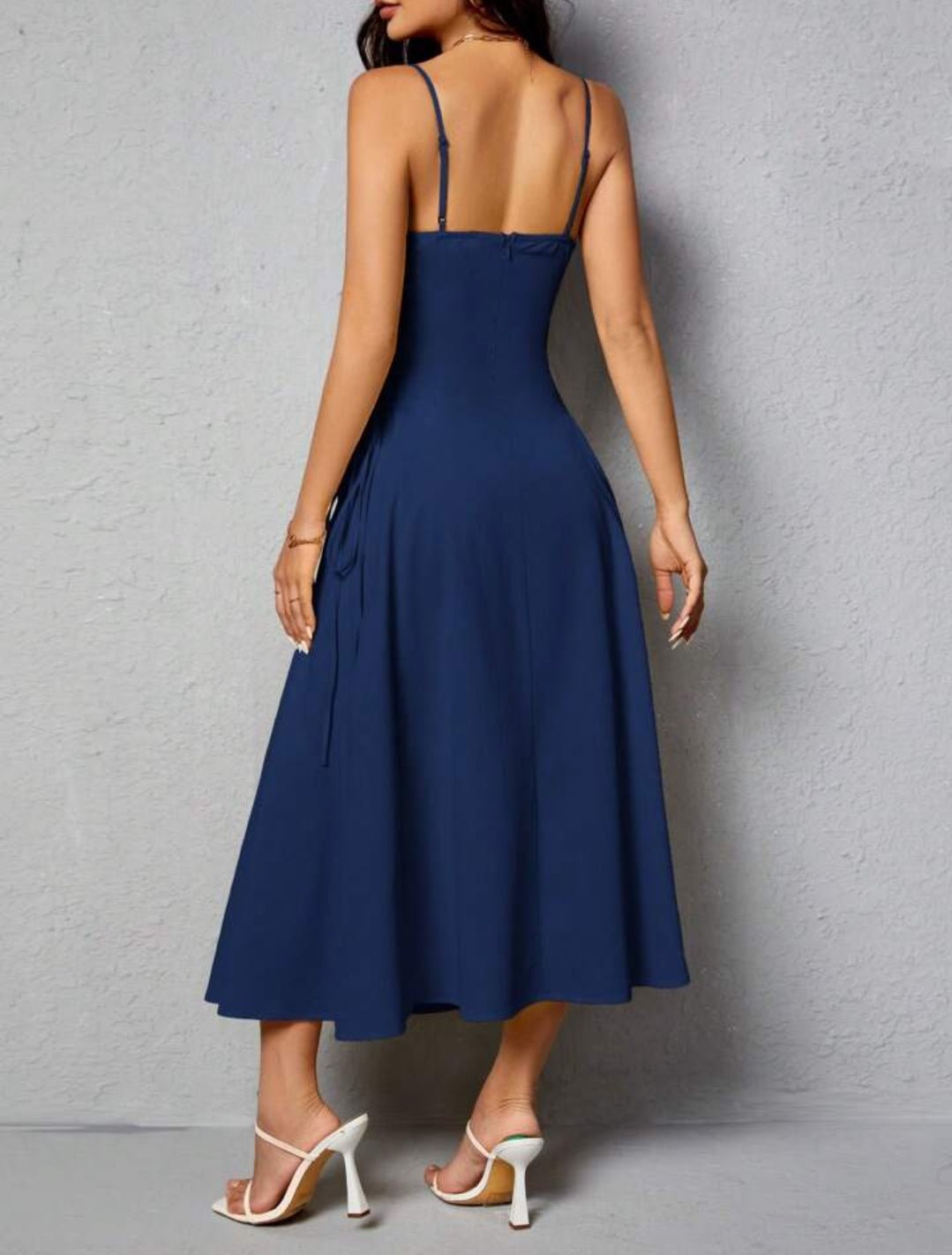 Ruched Denim  Bodice Strappy Midi Dress