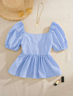 Puff Sleeve Gingham Top – Square Neck Peplum Blouse