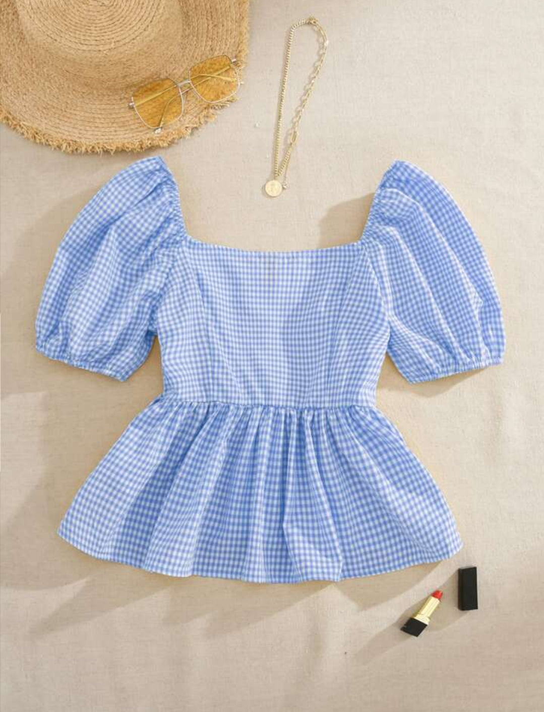 Puff Sleeve Gingham Top – Square Neck Peplum Blouse