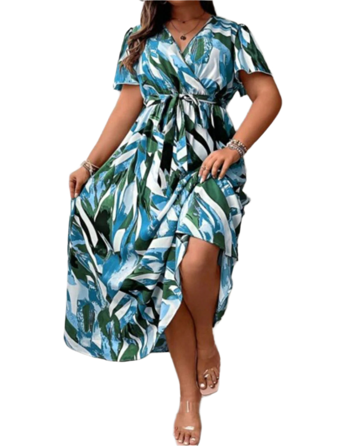 Trendy Short Sleeve Printed Maxi Dress with Belt – Elegant & Comfortable