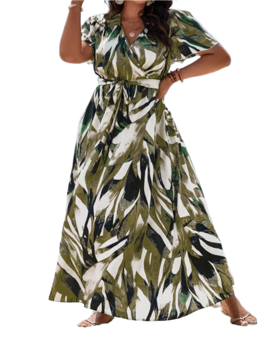 Trendy Short Sleeve Printed Maxi Dress with Belt – Elegant & Comfortable