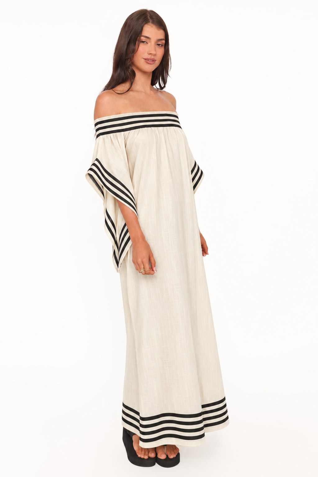 Contrast-Trim Off-Shoulder Maxi Dress