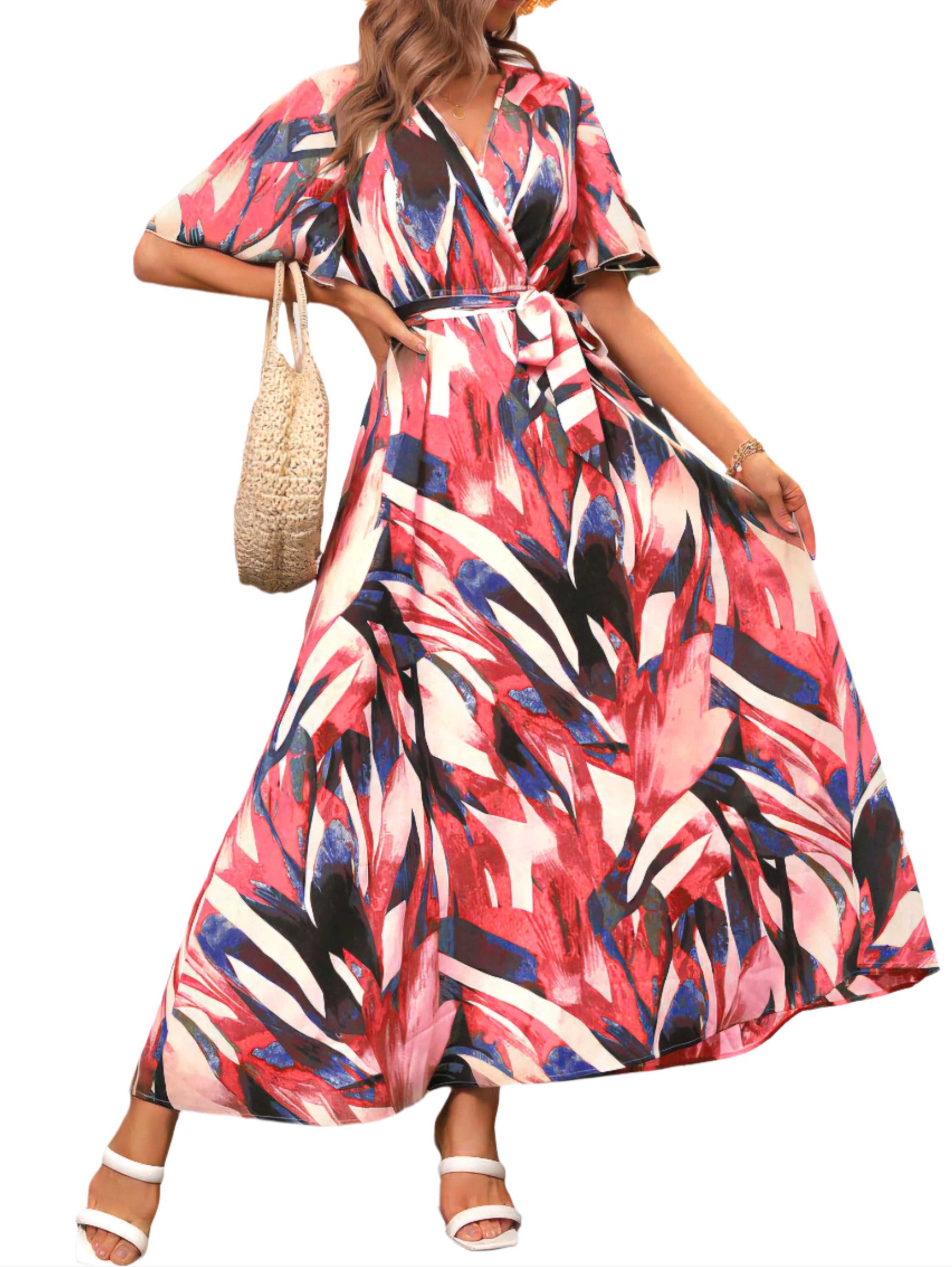 Trendy Short Sleeve Printed Maxi Dress with Belt – Elegant & Comfortable