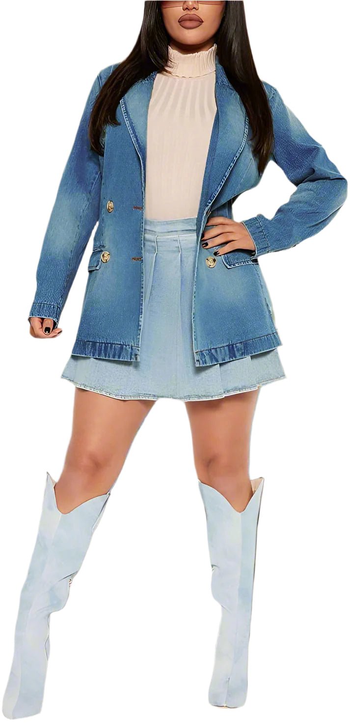 Elegant Double Breasted Denim Blazer – Chic & Timeless Style