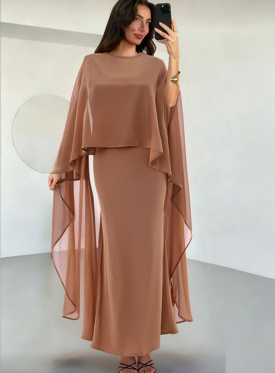 Elegant Cape Sleeve Maxi Dress – Two Piece Overlay Formal Evening Dress