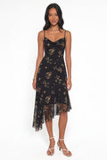 Floral Cowl-Neck Asymmetric Midi Dress