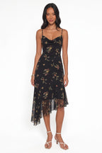 Floral Cowl-Neck Asymmetric Midi Dress