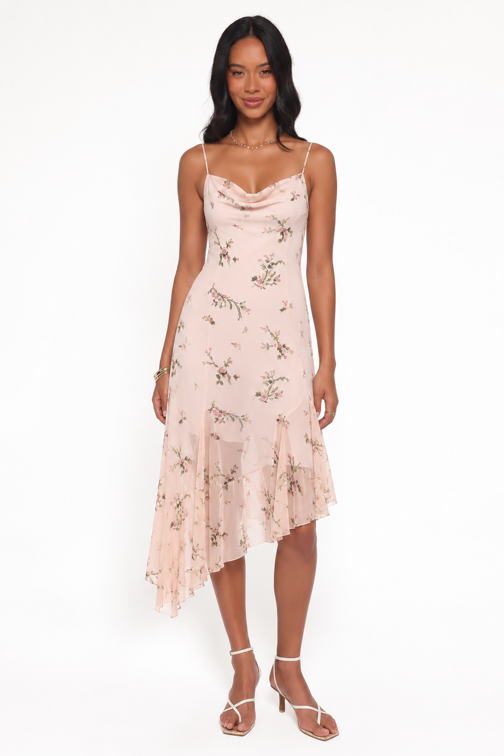 Floral Cowl-Neck Asymmetric Midi Dress