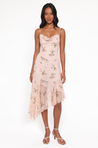 Floral Cowl-Neck Asymmetric Midi Dress