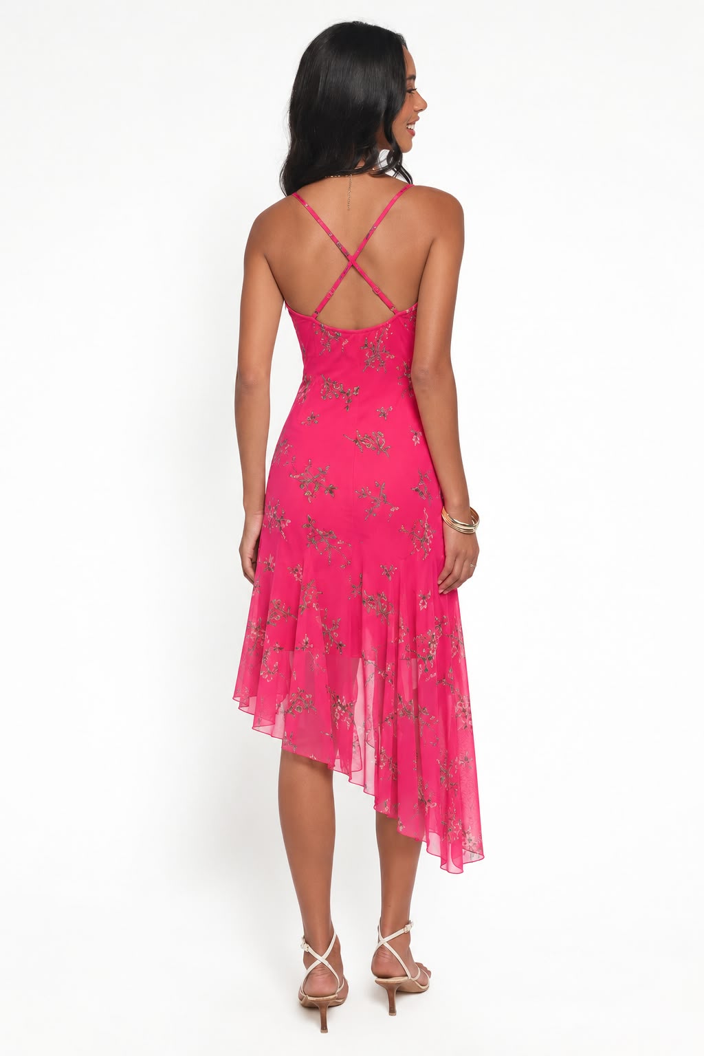 Floral Cowl-Neck Asymmetric Midi Dress