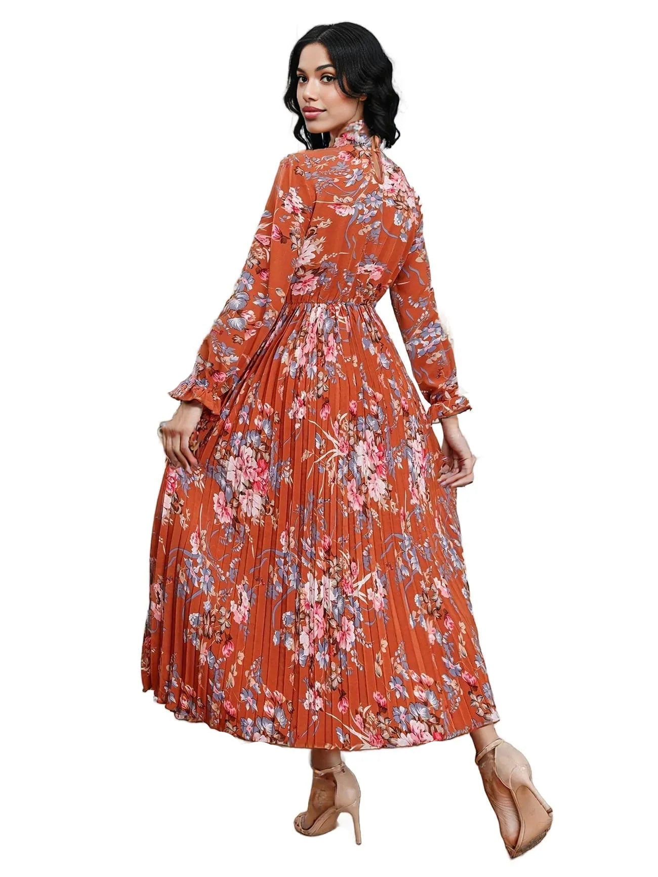 Elegant Floral Modest Pleated Maxi Dress