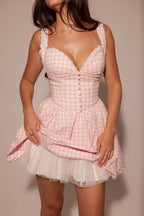 Gingham Lace-Trim Mini Dress – Sweetheart Bust & Flared Skirt