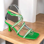 Strappy Rhinestone Heel Sandals – Square Toe Elegance