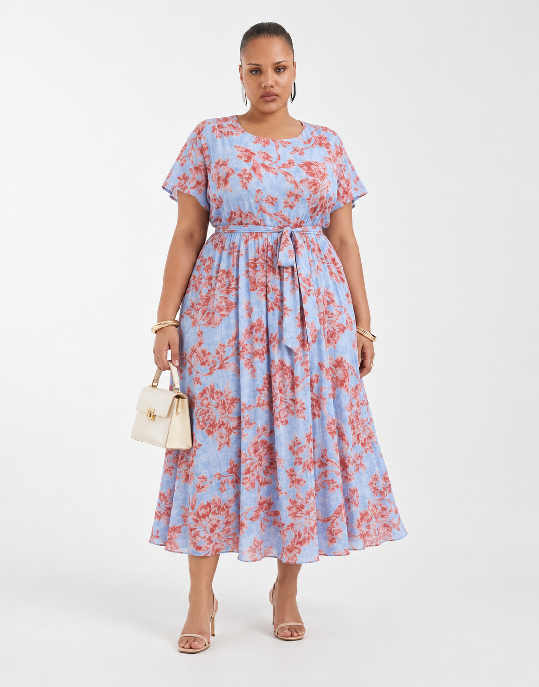 Floral Pleated Belted Midi Dress