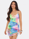 Tie Dye Ruched Drawstring Mini Dress