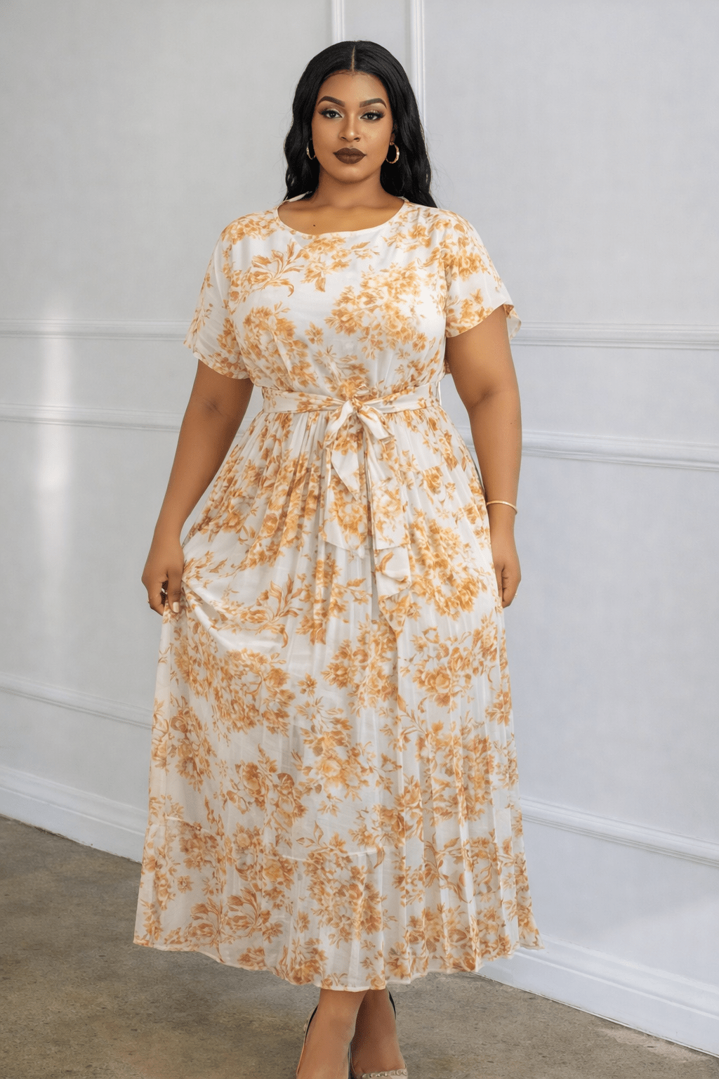 Floral Pleated Belted Midi Dress