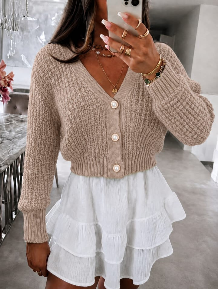 Waffle Knit Cropped Button Cardigan