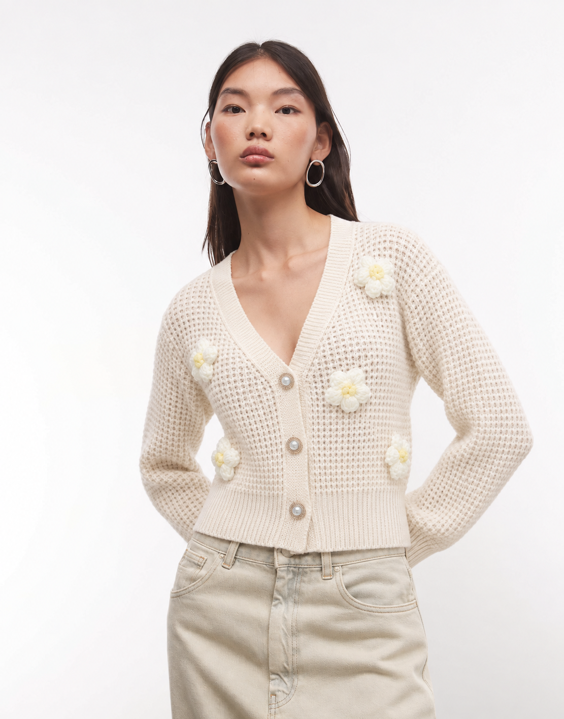 Floral Accent Long Sleeve Knit Cardigan