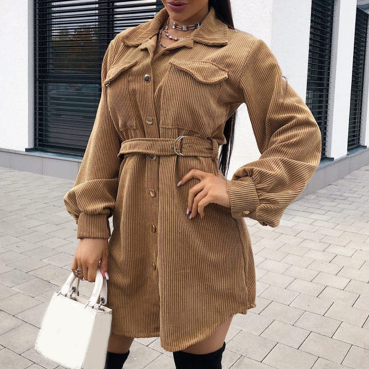 Corduroy Button-Down Belted Shirt Dress