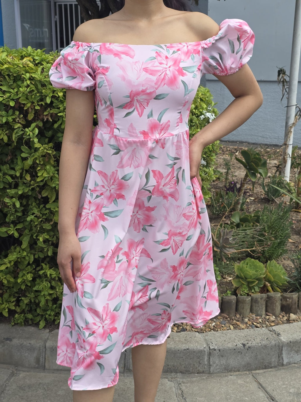 Floral Puff-Sleeve A-Line Midi Dress
