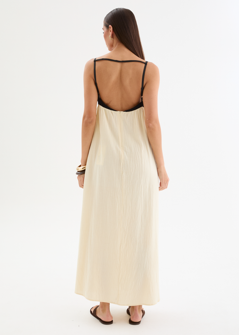 Contrast Bodice Flowing Maxi Dress
