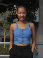 Button-Up Denim Crop Top –  Blue | Trendy Sleeveless Bustier