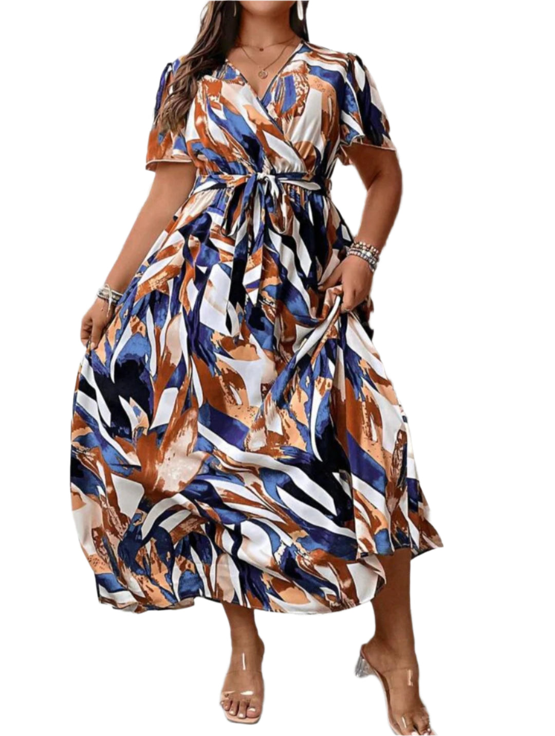 Trendy Short Sleeve Printed Maxi Dress with Belt – Elegant & Comfortable