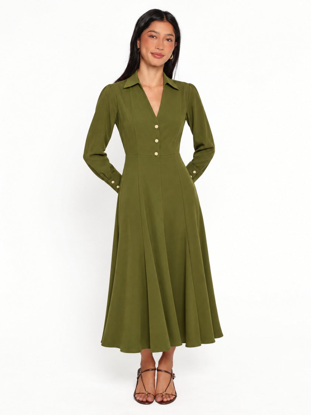 Collared Button-Front Flared Maxi Dress