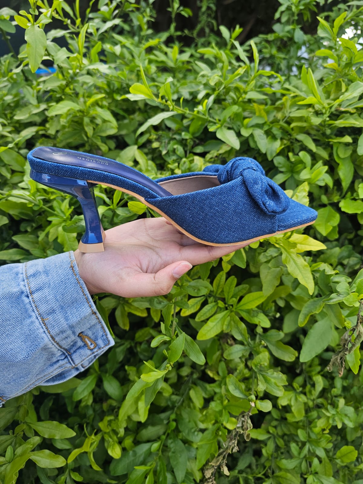 Bow Knot Square Toe Heels – Denim Mid Heel Mules