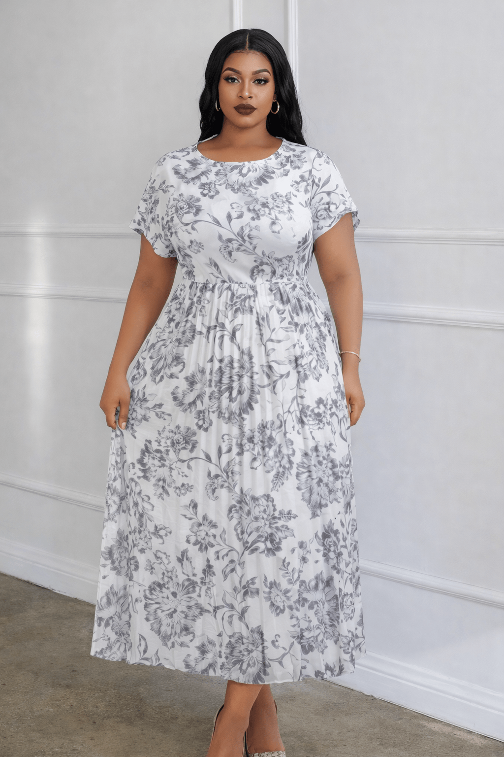 Floral Pleated Belted Midi Dress