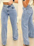High-Waist Straight-Leg Washed Jeans-  FA-4440