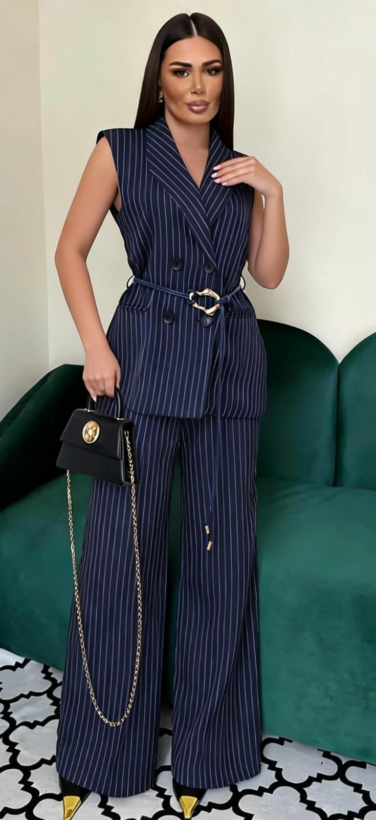 Sleeveless Pinstripe Vest & Wide Leg Pants Set