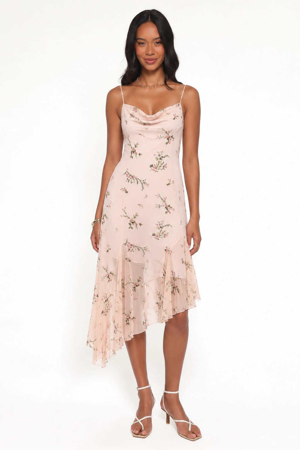 Floral Cowl-Neck Asymmetric Midi Dress