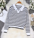 Striped Collar Knit Sweater for Women
