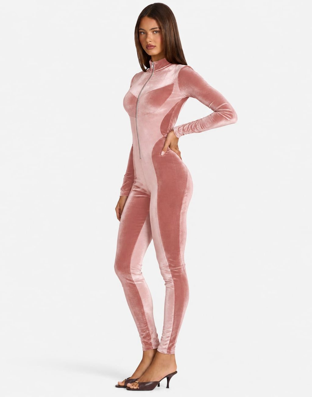 Chic Velvet Zip Up Long Sleeve Catsuit