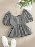 Puff Sleeve Gingham Top – Square Neck Peplum Blouse