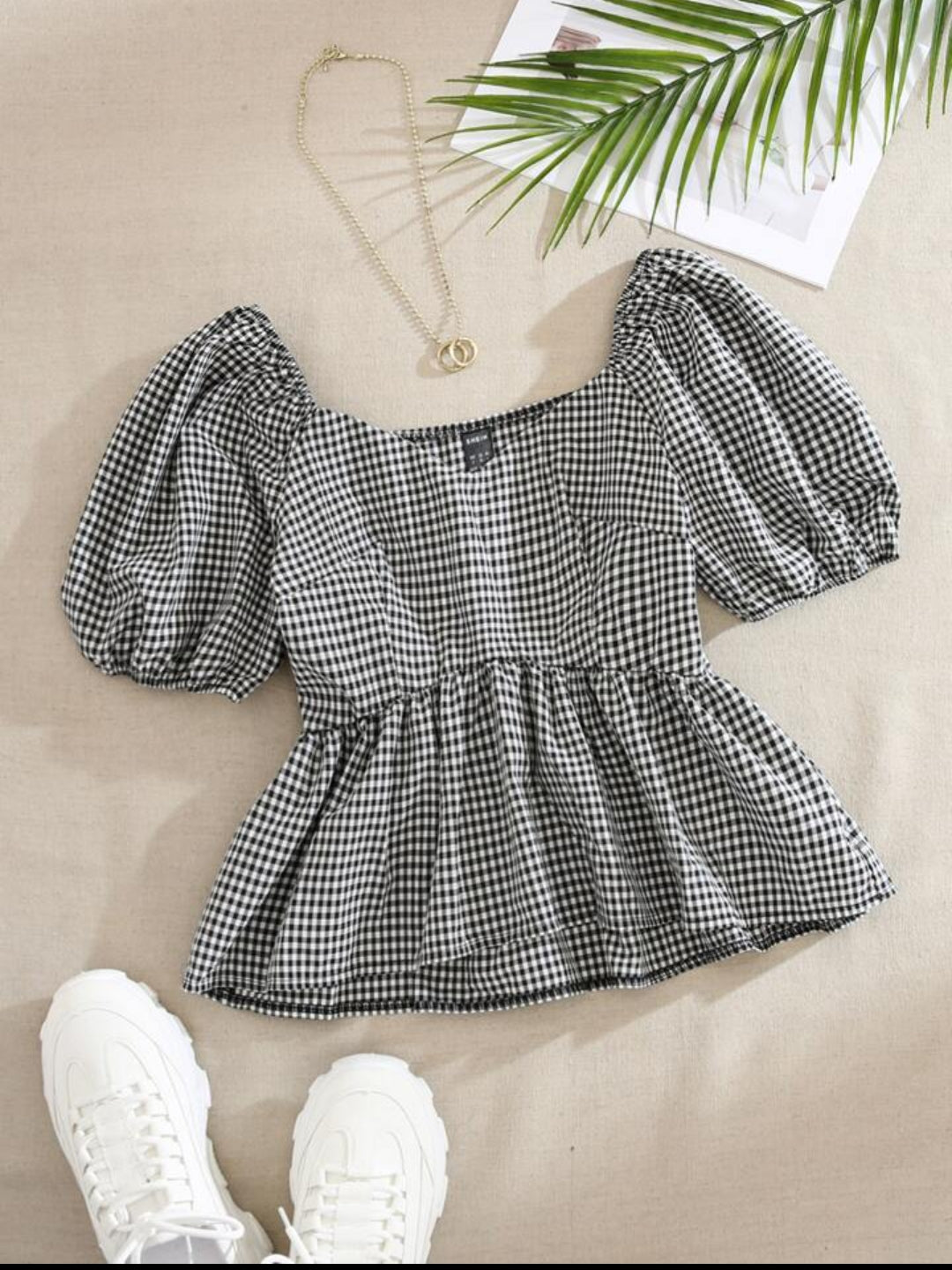 Puff Sleeve Gingham Top – Square Neck Peplum Blouse
