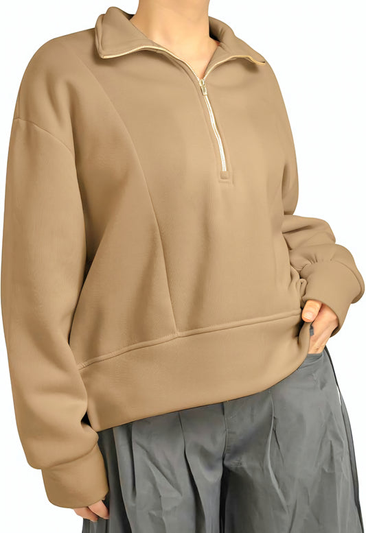 Cozy Light Brown Half-Zip Jersey Sweater