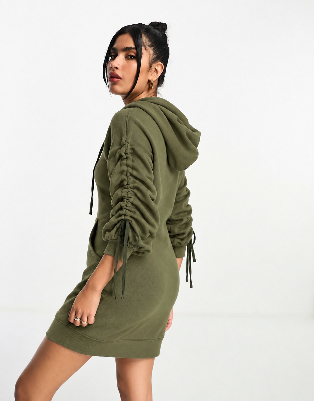 City Rush Ruched-Sleeve Hoodie Dress