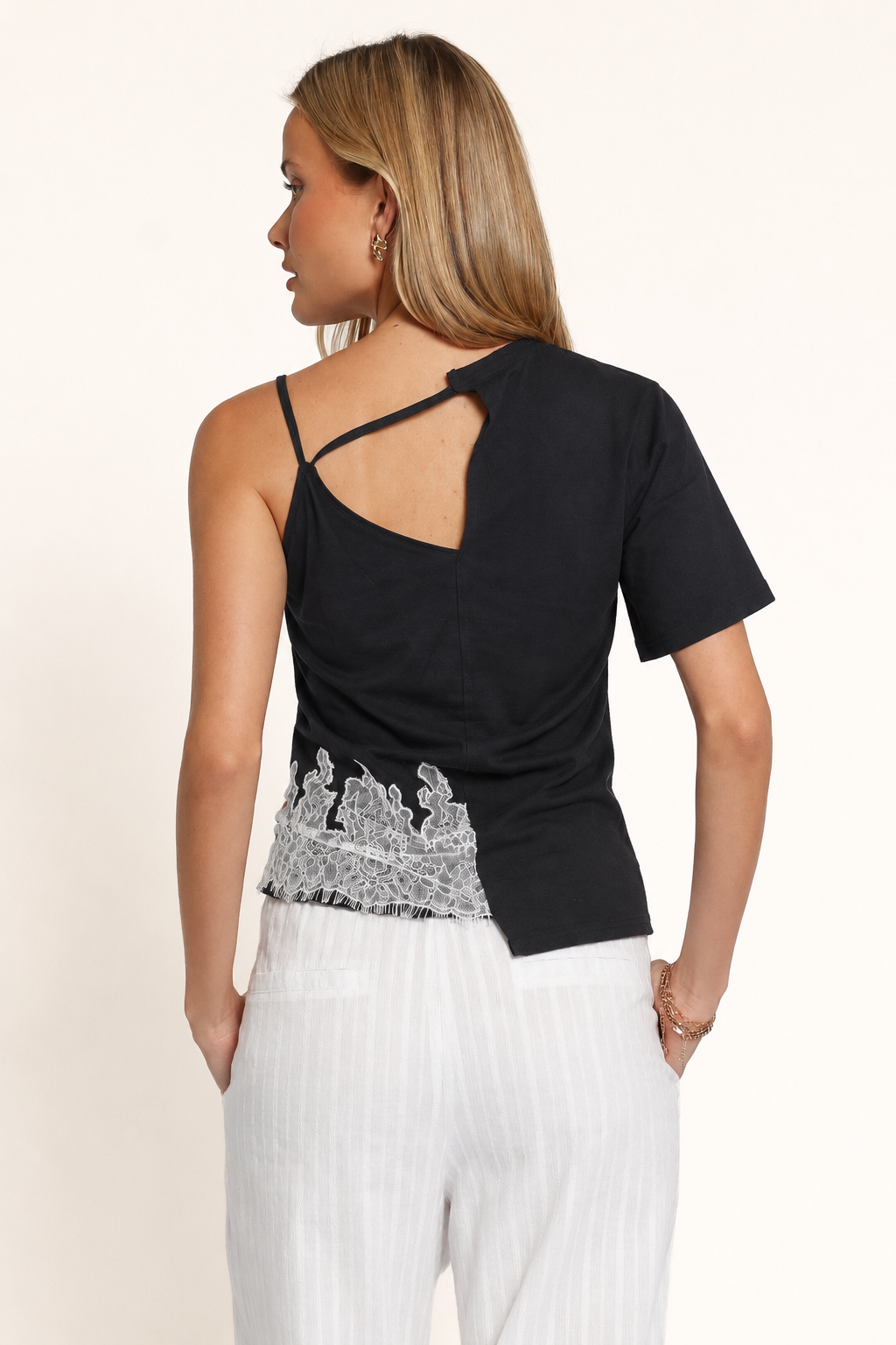 Spliced Graphic Lace-Trim Top