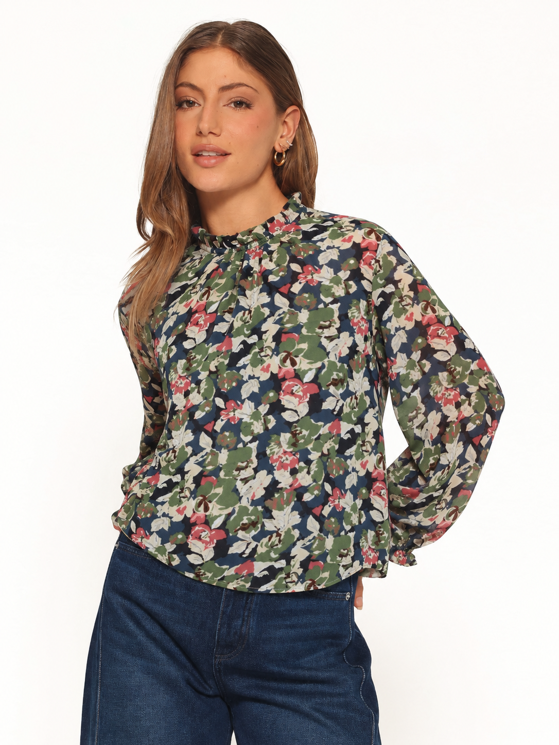 Chiffon Floral Frill Sheer Blouse